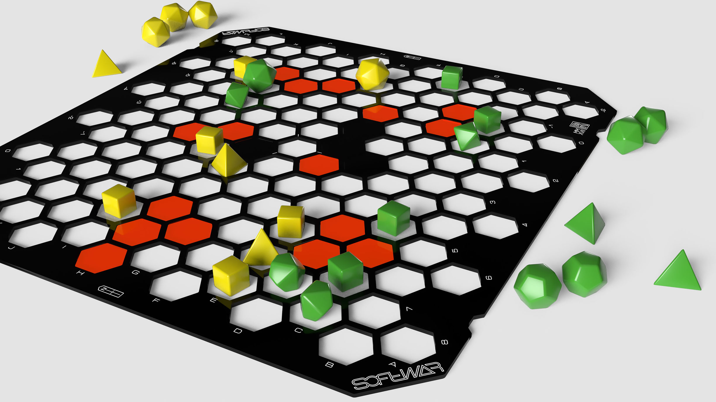 Black with Fluorescent Red tiles | Yellow and Green dice